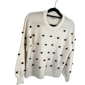 Madewell Womens Pom Pom Cream and Navy Sweater Oversized Crewneck Preppy XS